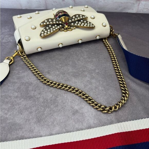 Gucci Rare Queen Margaret Pearl Web Nappa Leather Flap Broadway Bag - Picture 9 of 15